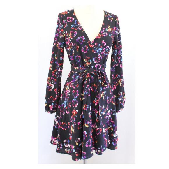 Yumi Kim Black Floral Wrap Mini Dress Sz.S - Picture 2 of 14